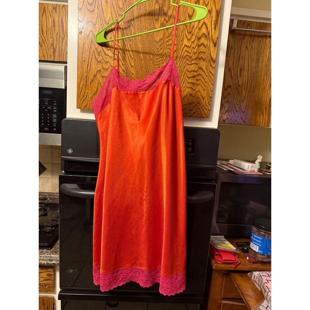 Orange Satin Lace Trim Chemise Nightgown Pink Contrast Slip Dress XL‎ 3521691